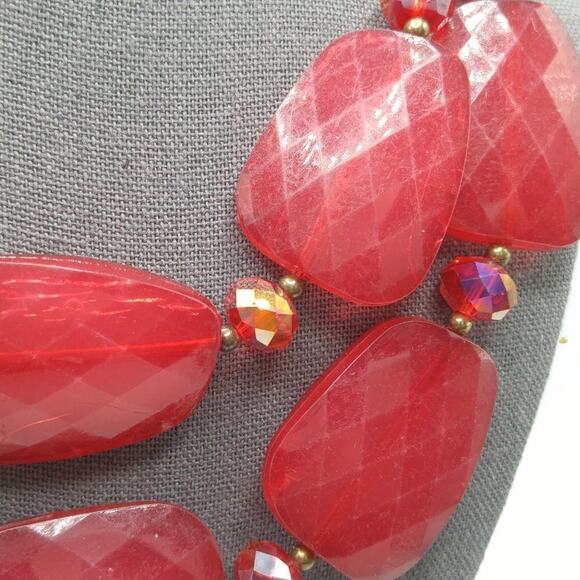 Red Large Bead Red Crystal Statement Necklace, Two Strands, 19 Inches - Picture 6 of 9
